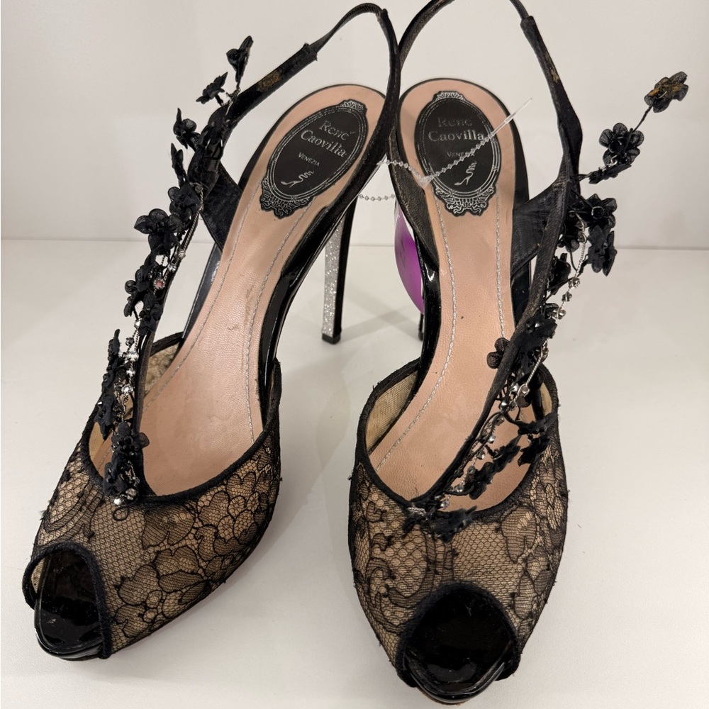 Pre Owned Rene Caovilla Sz 9.5 Peep Toe Black Floral Lace Heels